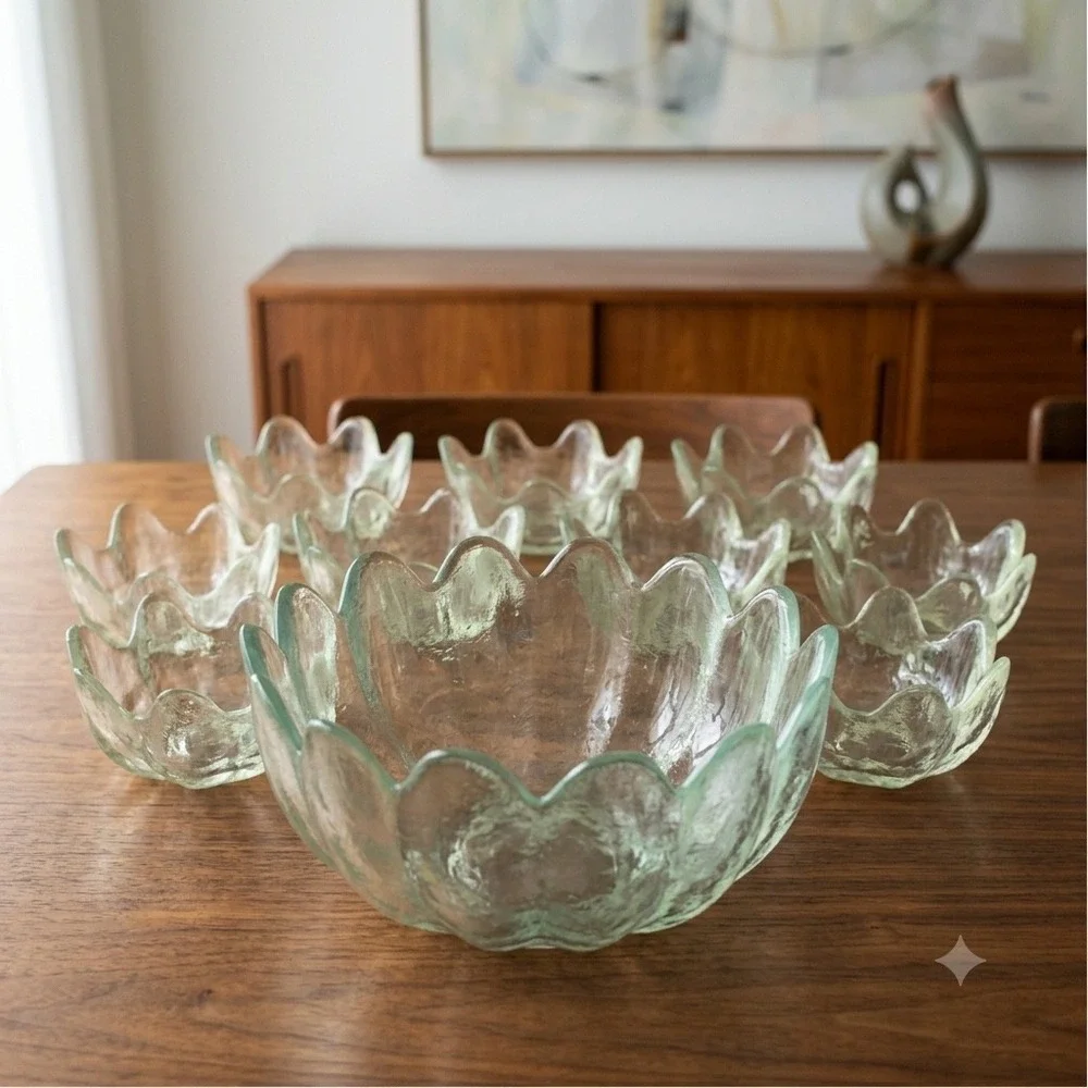 Blenko‎ 6143L Lotus Serving Bowl Set w 8 Matching 6143S Bowls in Crystal